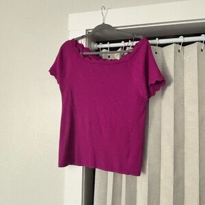 Ann Taylor Fuchsia Scallop-Trim Short Sleeve Top